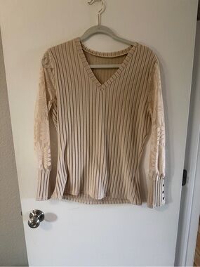 Beige Ribbed V-Neck Sweater with Lace Sleeves